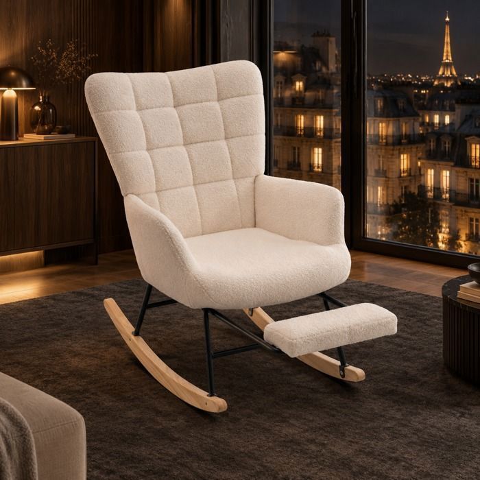 Fauteuil a bascule 91x61x88 cm-FloraGrace+Repose-pieds et dossier hautstructure bois et metal-Beige