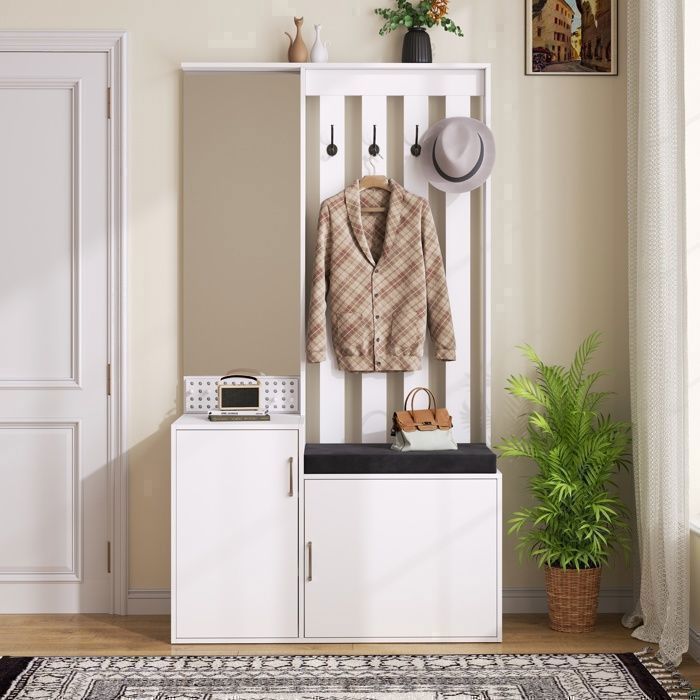 Meuble dentrée avec miroir et banc à chaussures vestiaire 6 en 1 blanc 100x40x180 cm rangement gain de place