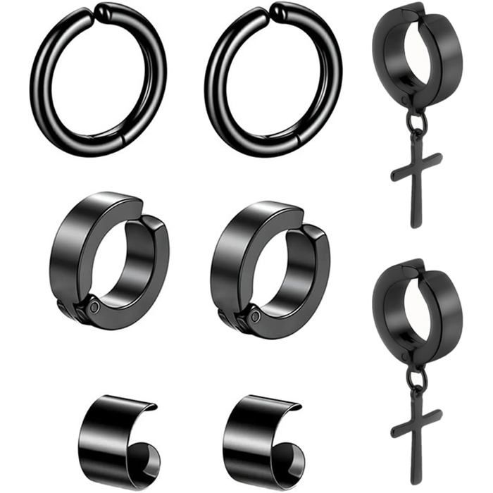 Boucles DOreilles Homme Clips 4 Paires(8 Pièces) Noir Acier Inoxydable Sans Perçage 4 Modèles Pour Garçons[PP101]