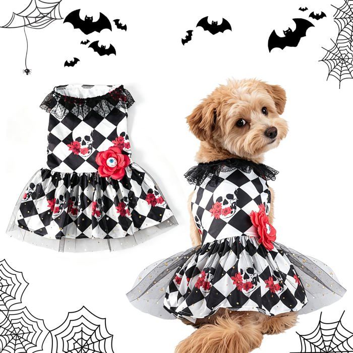 Robe pour chien thème Halloween - Motif damier-et-fleurs effrayantes - Taille L - Costume pour animal de compagnie