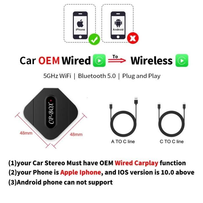 Adaptateur sans fil AndroidAuto et Apple Carplay Bluetooth et WiFi pou