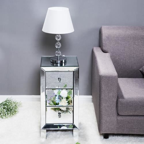 Table De Chevet En Verre Miroir Et Cristal Blanc - FCH - H60 L30 L30 - Neuf