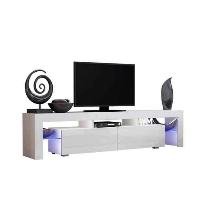 meuble tv spider big a led en blanc mat avec portes blanc laque 200 cm cdiscount maison