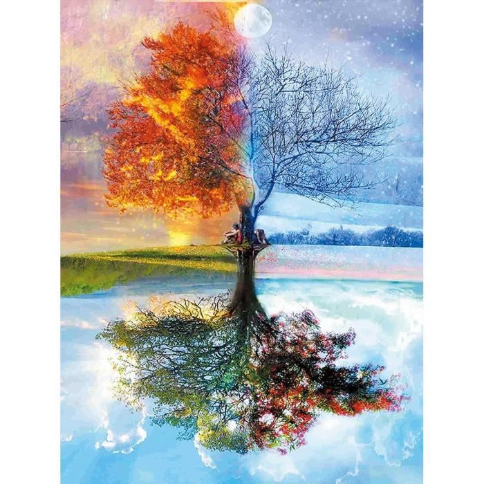Kit Point De Croix Arbre Des 4 Saisons - 45x45cm - Tissu 11CT - Parfait Pour Débutants
