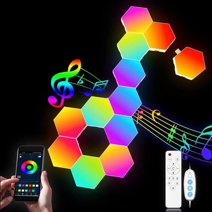 Panneaux lumineux LED Hexa - WiFi RGBIC Musique Sync - Applique murale  hexagonale 