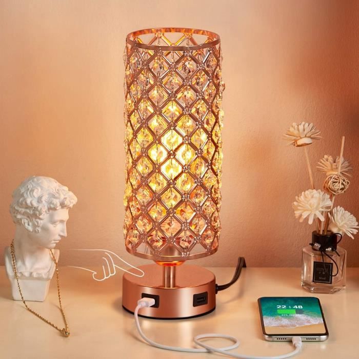 Lampe de Chevet en Cristal, Contrôle Tactile, Lampe en Or Rose avec 2 Ports  USB & E27 Ampoule, Lampe de Table Moderne[62]