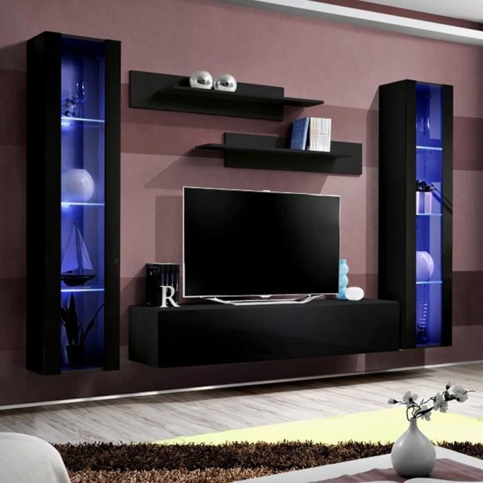 Meuble Tv Avec Rangement Noir Janina Noir L 260 X P 40 X H 190 Cm