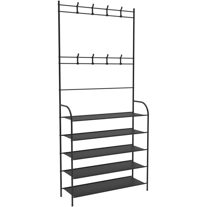 Meuble D'entrée Avec Banc, Porte-manteaux Et étagère - Métal Et Velours - Gris - Rangement Chaussures & Vestes