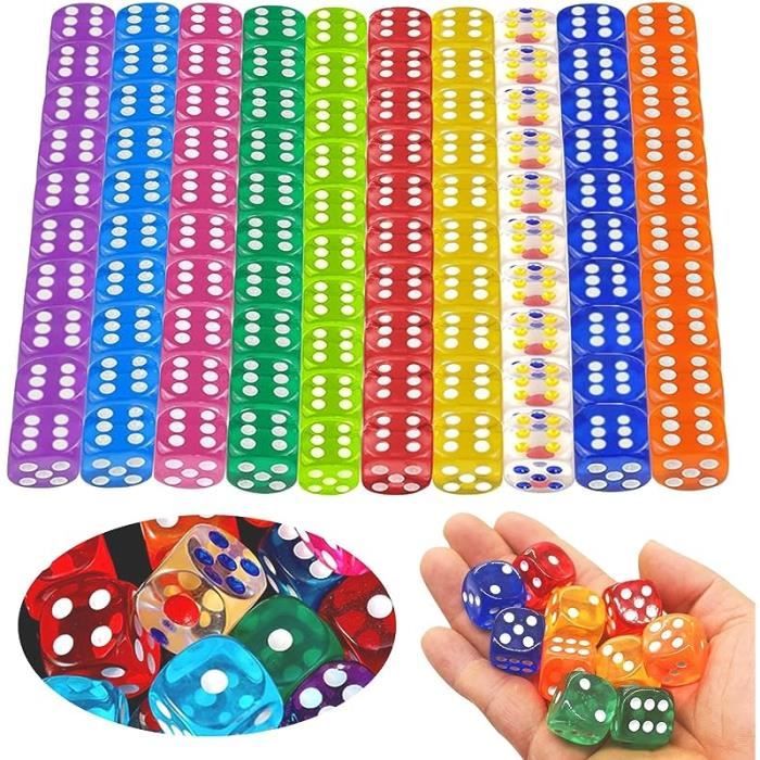 SPERMUOY Set De 100 Dés à 6 Faces – Dés Acryliques Transparents 12 Mm, Multicolores (10 Couleurs) Pour Jeux De Société, Maths, Fêtes En Famille