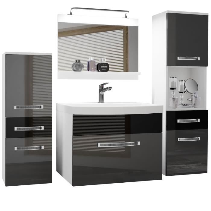 Meuble de Salle de Bain - BELINI - Lavabo + Miroir - 140 cm - Éclairage LED - Argent/Noir Brillant