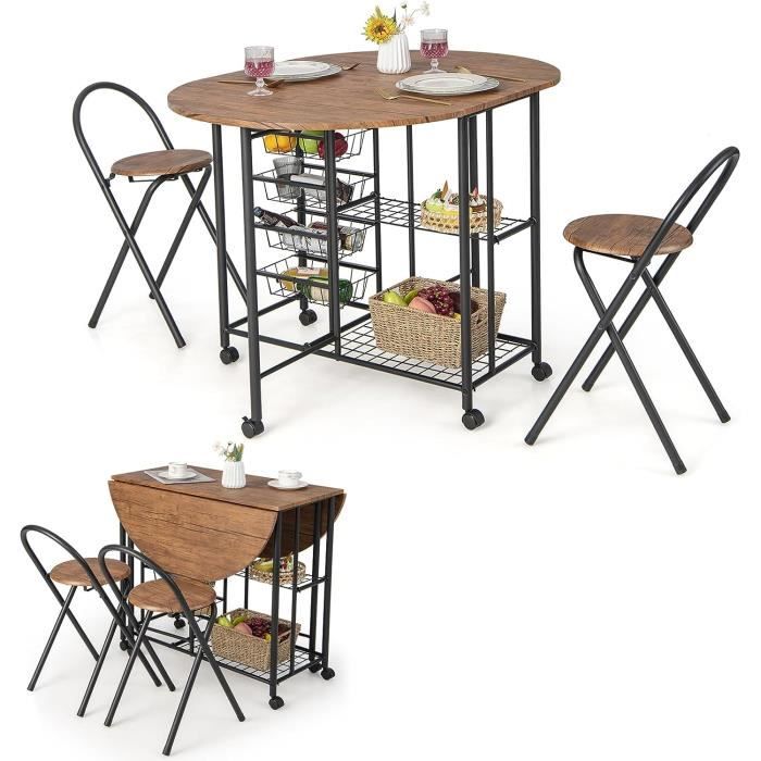 costway table de salle à manger extensible, 2 chaise, table ovale pliable sur roulettes avec 4 paniers et 2 étagères brun rustique