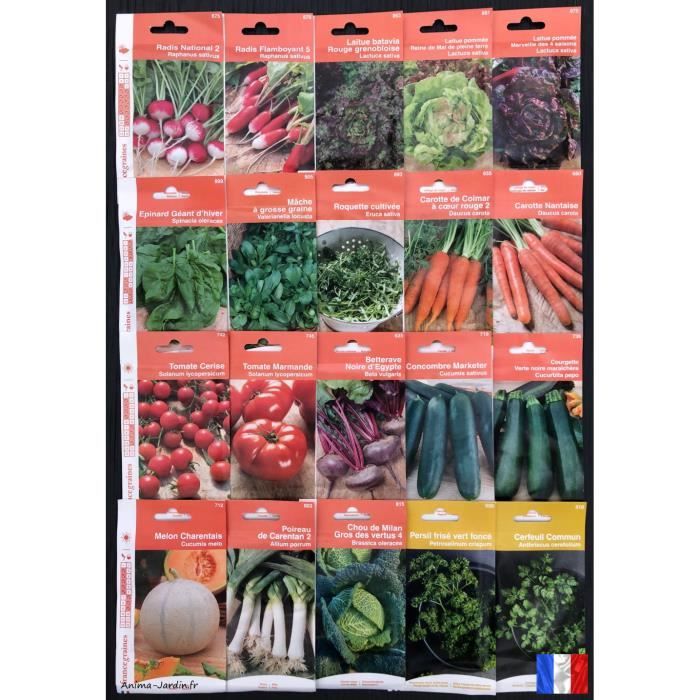 Lot de 20 sachets de graines différents, graines potagères, tomate, radis,  salade, jardin ouvrier, français, économique, pas cher