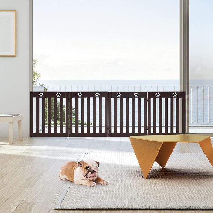 Meilleurs prix pour GOPLUS Barrière Pliable pour Chien, Grille Pivotante par Charnière à 360 °Barrière de Sécurité pour Animaux, 4 Panneaux-Brun