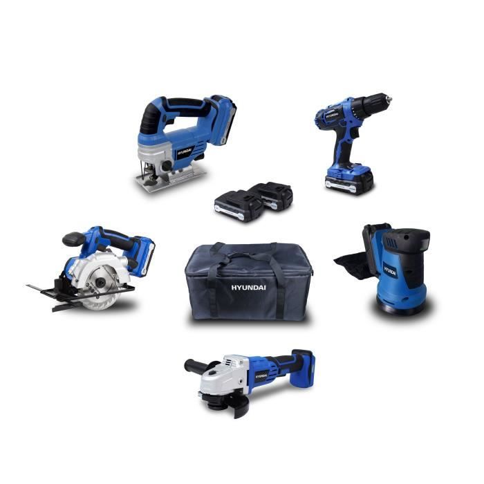 Perceuse Scie sauteuse 2 Batteries 1,5Ah et chargeur inclus Pack d/'outils 18V Meuleuse Ponceuse HYUNDAI HPACK18V4