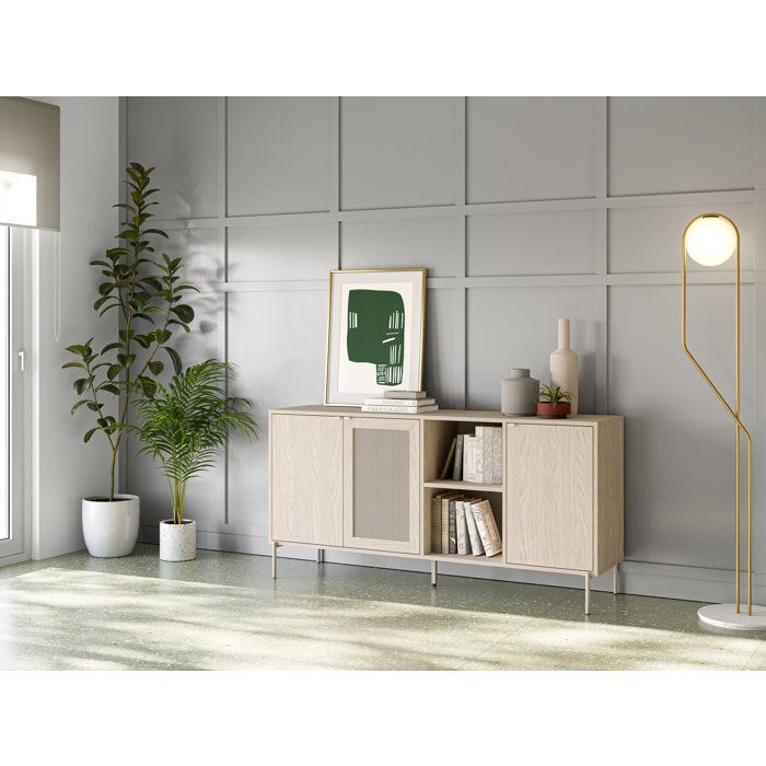 Buffet INTI - Coloris Chêne Nordic Clair - 3 portes 2 niches - 164 x 44 x 80 cm