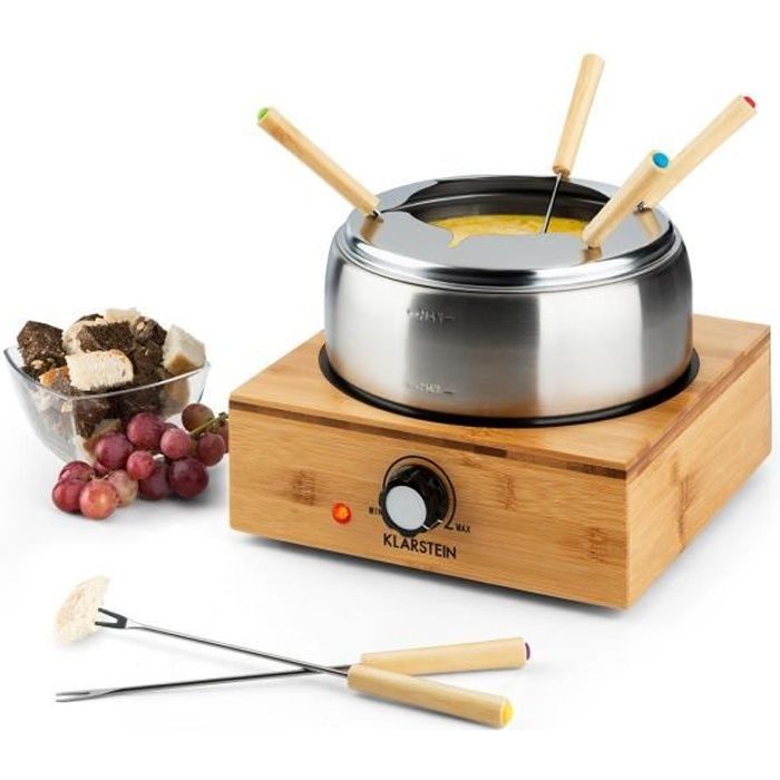 Klarstein Bambus - Appareil á fondue 800 W , capacité 1,3 L max, plaque de cuisson & 6 fourchettes à fondue en inox - base en bambou