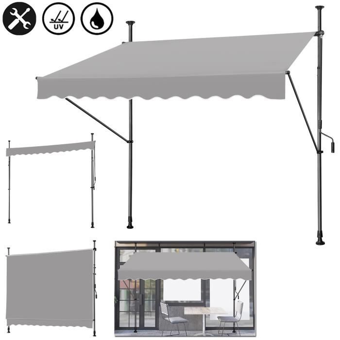 Store Balcon Sans Perçage 350cm Auvent De Balcon UISEBRT 3.50x1.20m - Avec Manivelle Sans Perçage - Protection UV Et Intempéries - Gris Clair Store Terrasse 3.5m