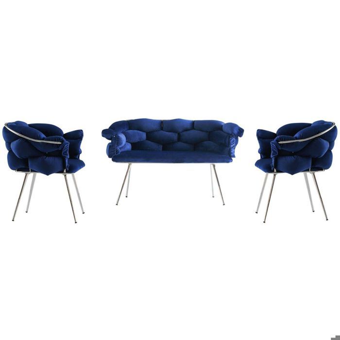 Canapé 2 Places Capitonné Velours Bleu Canard - Style Glams Et Chic Pour Salon | Pieds Noir Et Doré