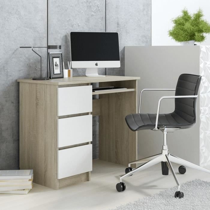 tendencio CINO - Bureau avec 3 tiroirs 90 cm Couleur Bois et Blanc Style scandinave. Petit Bureau Compact