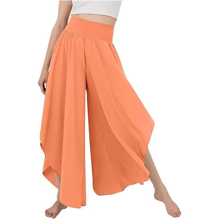 Swing Pantalon Fluide Femme Pantalon en Lin Couleur Unie Pantalons De Randonnee Femme Corsaire Fendue orange
