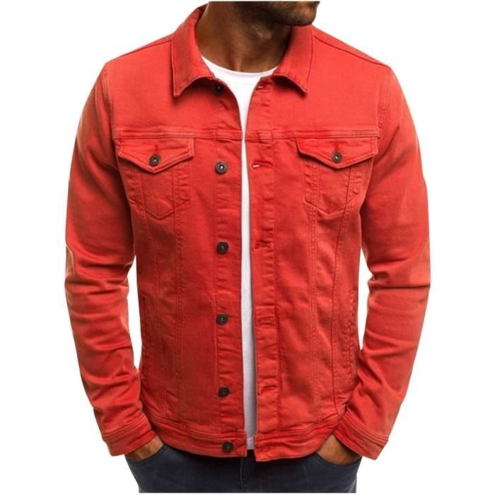 vestes - veste en denim pour homme manteau classique élégant revers simple veste de travail slim fit rouge