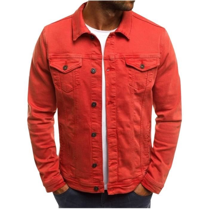 Vestes - veste en denim pour homme manteau classique élégant revers simple veste de travail slim fit Rouge