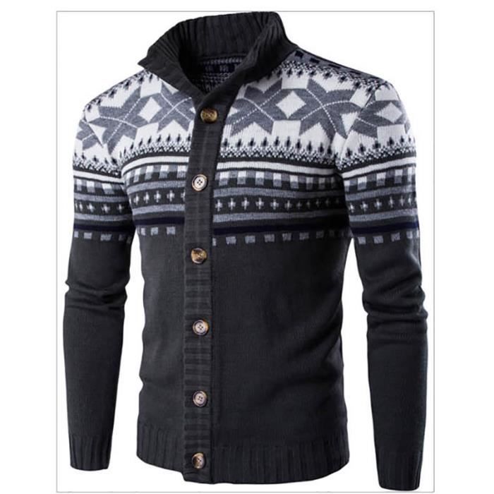 Pull homme col debout mode mince motif jacquard elan vintage Gris marron LEOCLOTHO