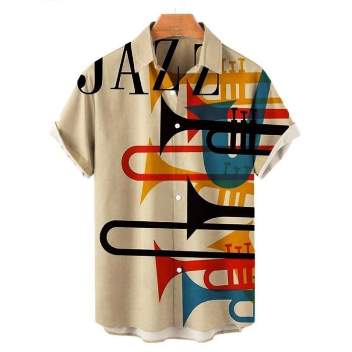 Chemise Homme Manches Courtes Imprimé Notes De Musique - Col Cubain, Polyester Léger, Décontractée - 8