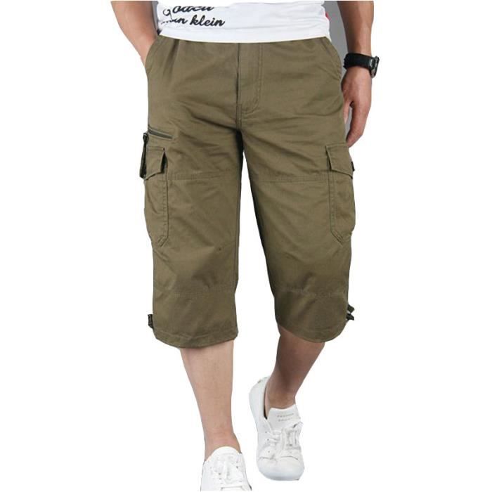 Pantacourt Homme Cargo en coton Coupe droite Taille standard élastiquée Casual Multipoches Couleur unie