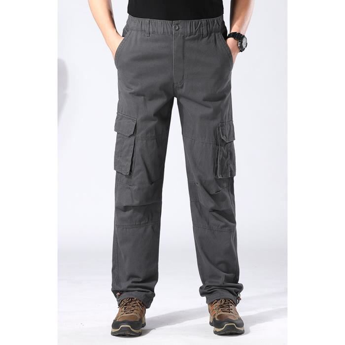 Pantalon Cargo Homme Droit Multipoches Taille Elastique Pantalon de Travail  en Coton Couleur Unie