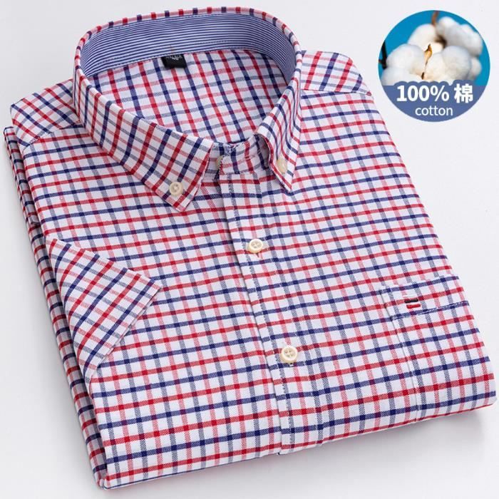Chemise 100 Coton Chemise a manches courtes Oxford respirante pour homme Chemise oversize rayee a carreaux d ete Rouge