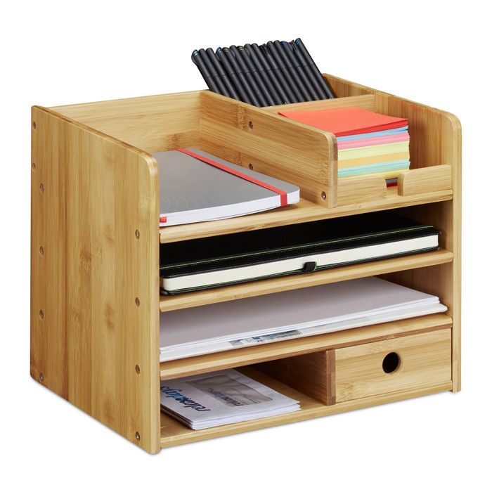 Organiseur Bureau En Bambou 3 Compartiments - Trieur Courrier Et Porte-Documents