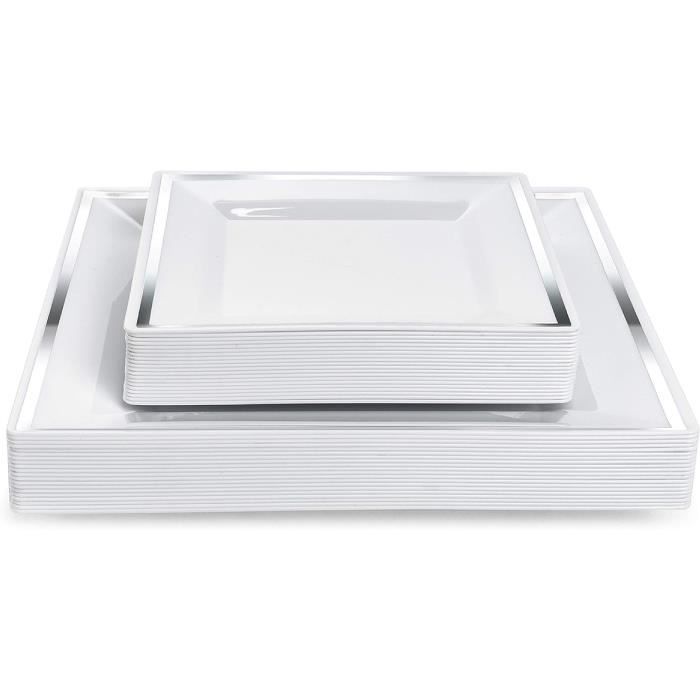 100 Assiettes Jetables Carrées 26 Cm En Canne À Sucre Blanche, Assiettes En Papier Jetables