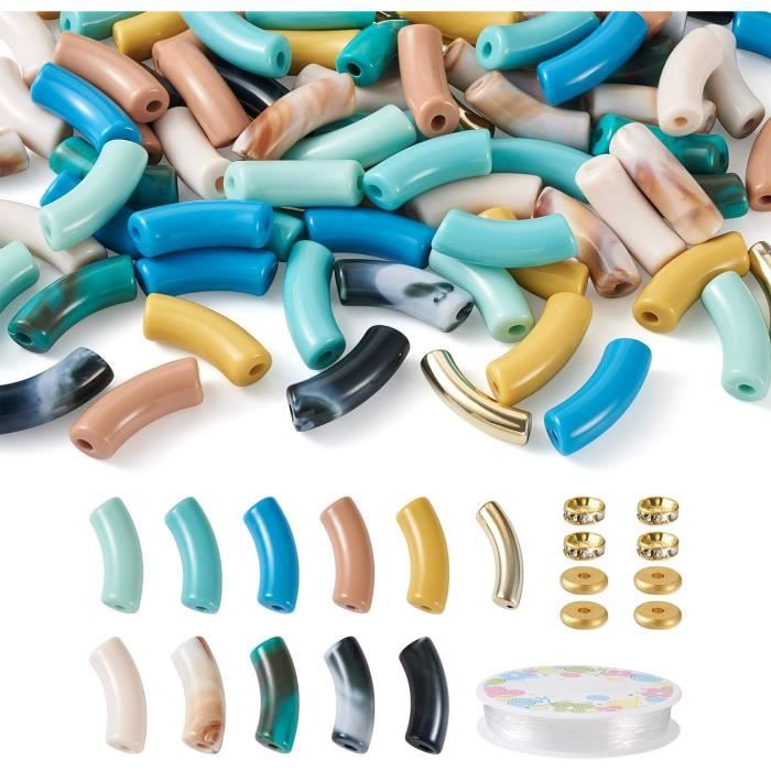 Kit Perles Tubulaires Acrylique Pour Bracelets - 100 Perles + élastique + Perles Laiton - Couleurs Mélangées - Création Bijoux DIY