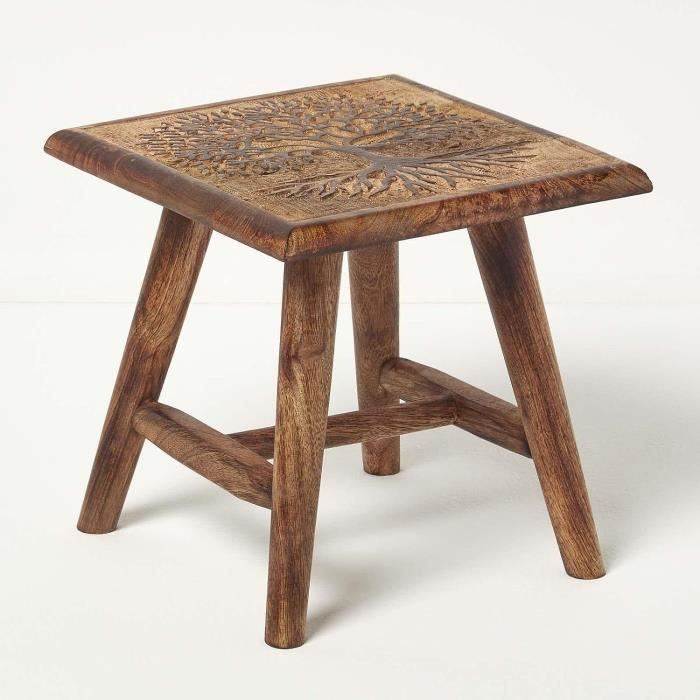 Tabouret Sculpté Arbre De Vie HOMESCAPES En Bois De Manguier - Repose-Pieds Décoratif