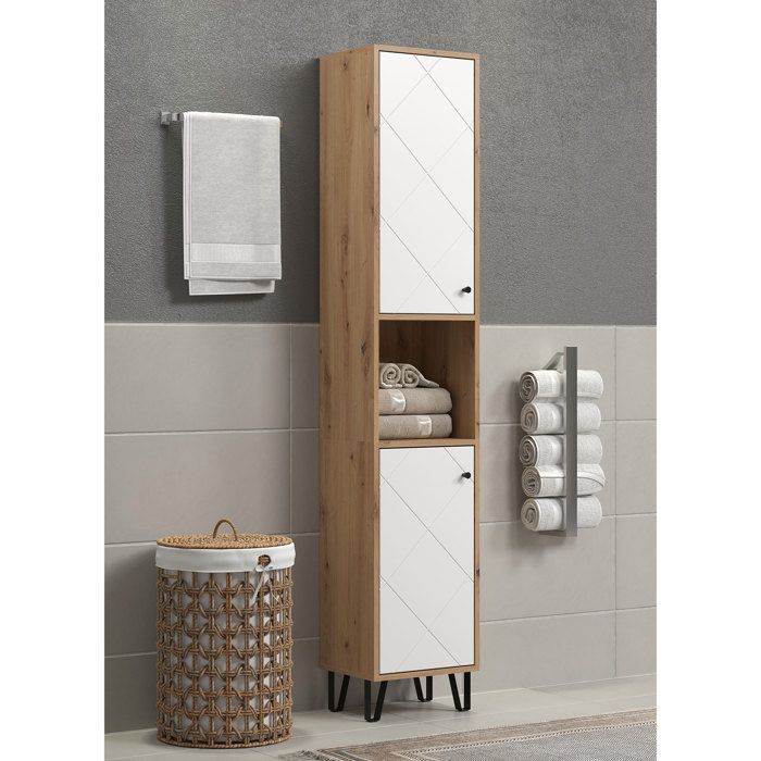 Colonne+de+salle+de+bain+-+Decor+blanc+et+chene+-+2+portes+-+1+niche+-+L36+x+H191+x+P29cm+-+TOUCH