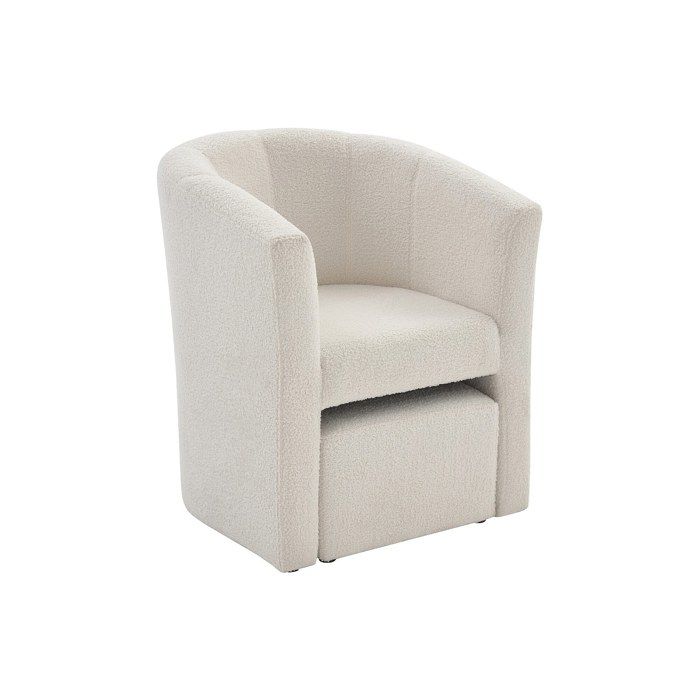 Fauteuil cabriolet et pouf en tissu bouclette blanc JOVANA