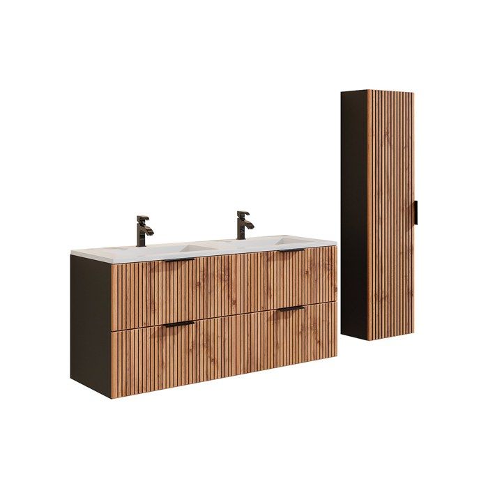 Meuble de salle de bain suspendu strié avec vasque à encastrer avec colonne - Naturel clair et noir - 120 cm - MADELA