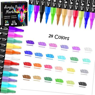 Feutres Acryliques 24 Couleurs - Double Pointe, Résistants à L'eau, Pour Bois, Verre, Céramique, Toile - Idéal Art DIY