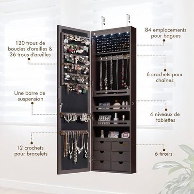 GOPLUS Armoire à Bijoux Enfant Avec Miroir Pleine Longueur - Rose, 3 Tiroirs, 4 Étagères, 18 Emplacements Boucles, 13 Crochets, Couronne Décorative