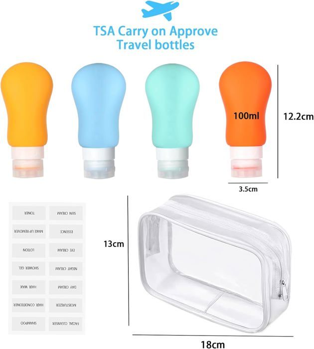 4 Flacons Voyage Silicone 100ml - Approuvés TSA - Trousse Toilette Transparente