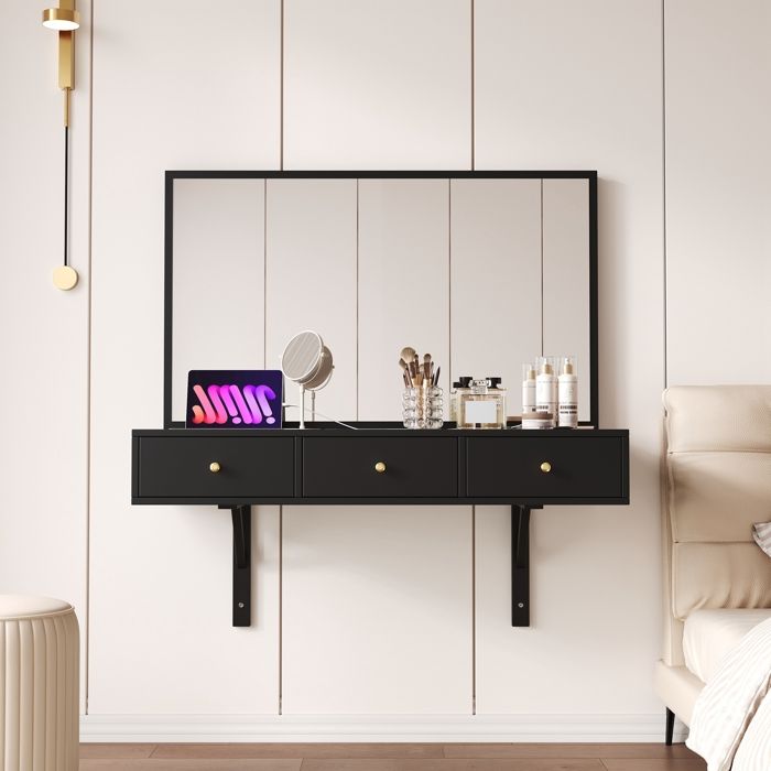 Coiffeuse Suspendue avec Miroir, 3 Tiroirs et Prises, Fente Pour Carte ...