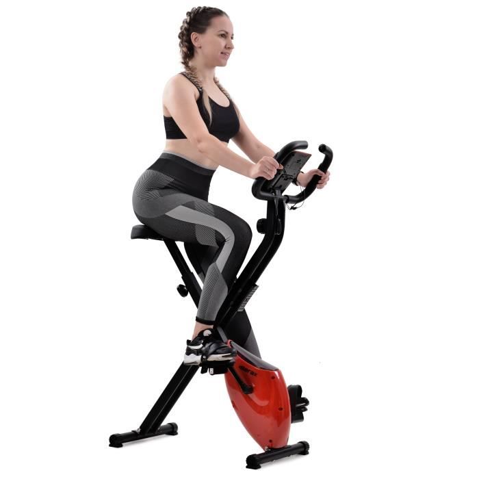 Velo d appartement pliable avec ordinateur d entrainement pulsometre 8 niveaux de resistance Rouge Cdiscount Sport