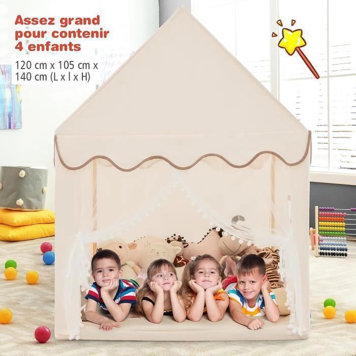 DREAMADE – Tente De Jeu Enfants – 131x91x131 Cm – Bois De Pin, Tissu Coton – Fenêtres, Rideaux, Bannière – Tapis Lavable – Intérieur/extérieur – Dès 3 Ans