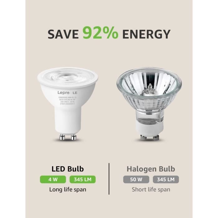 Ampoule Led Gu10, Ampoule Gu10 4W Blanc Chaud 2700K, Équivaut 50W