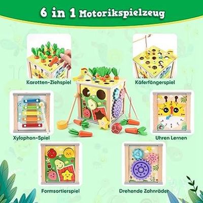 Hyacinthy Cube D'Activité Bois 6-en-1 – Trieur, Xylophone, Horloge, Engrenages, Dès 12 Mois