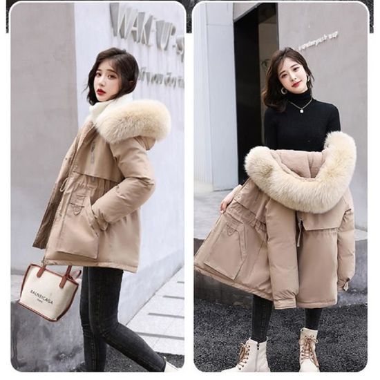DOUDOUNE Femme Interieur Laine et Fourrure Legere et Chaud Impermeable Chic et Elegant Avec Capuche Kaki S Cdiscount Pret a Porter