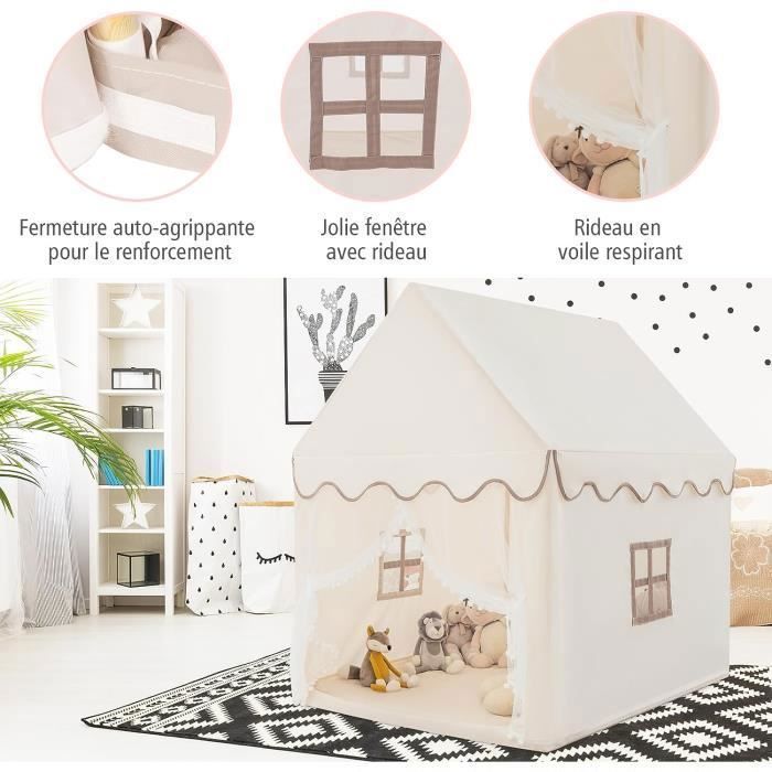 Tente De Jeu Intérieure Pour Enfant 150x100x150 Cm – Avec Tapis, Guirlande LED Et Décos – Ambiance Festive Noël – Beige
