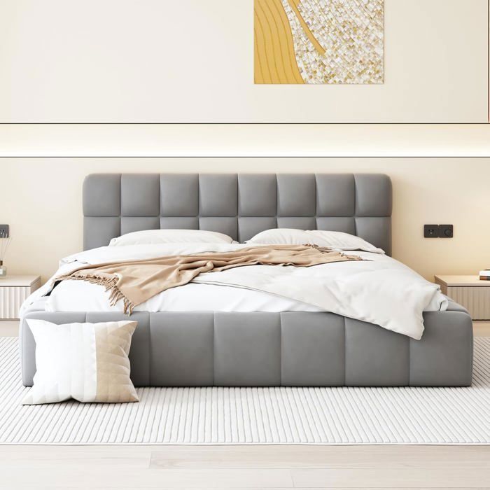 Lit Double Avec Sommier à Lattes – Style Scandinave, Meuble Sauna Avec Boutons Décoratifs