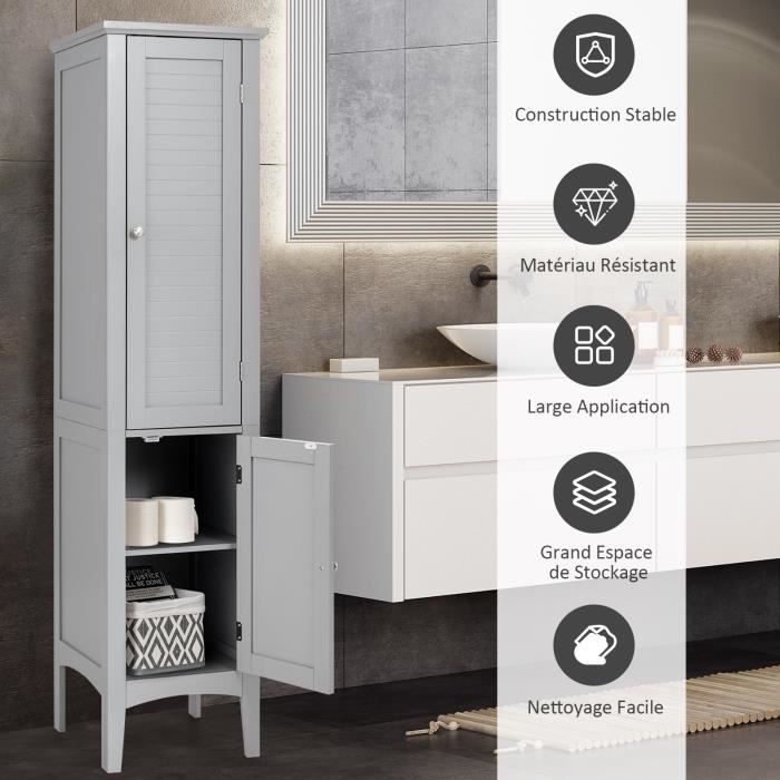 Colonne De Rangement Salle De Bain TOLEDE - 35 Cm Gris Brillant | 2 Portes Réversibles, 2 Tiroirs & Étagères Ajustables | Design Élégant Et Pratique ONDÉE